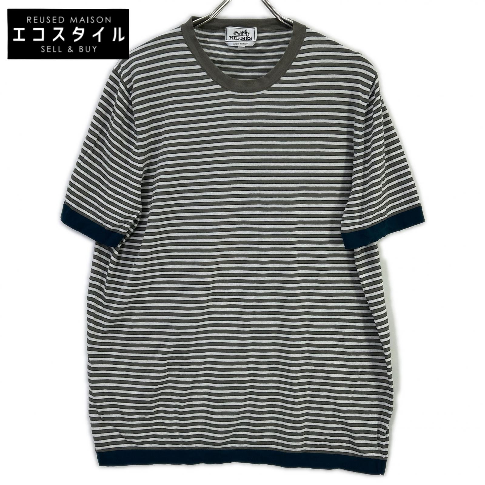 HERMES エルメス 17SS ホワイト×グレー ボーダーコットン半袖ニット トップス