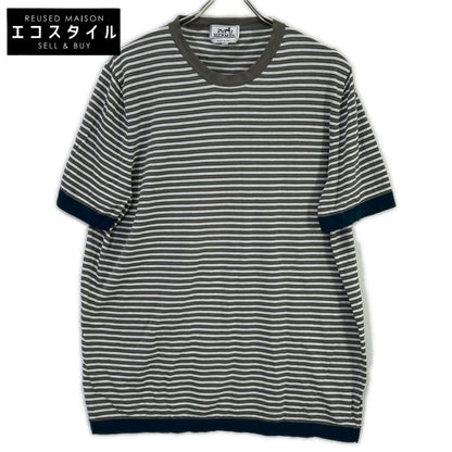 HERMES エルメス 17SS ホワイト×グレー ボーダーコットン半袖ニット トップス