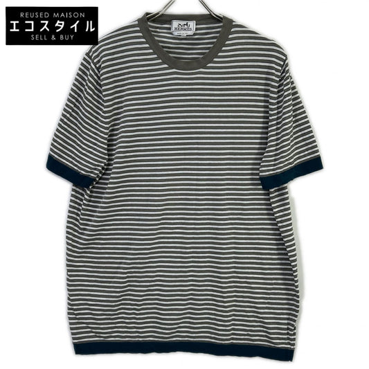HERMES エルメス 17SS ホワイト×グレー ボーダーコットン半袖ニット トップス
