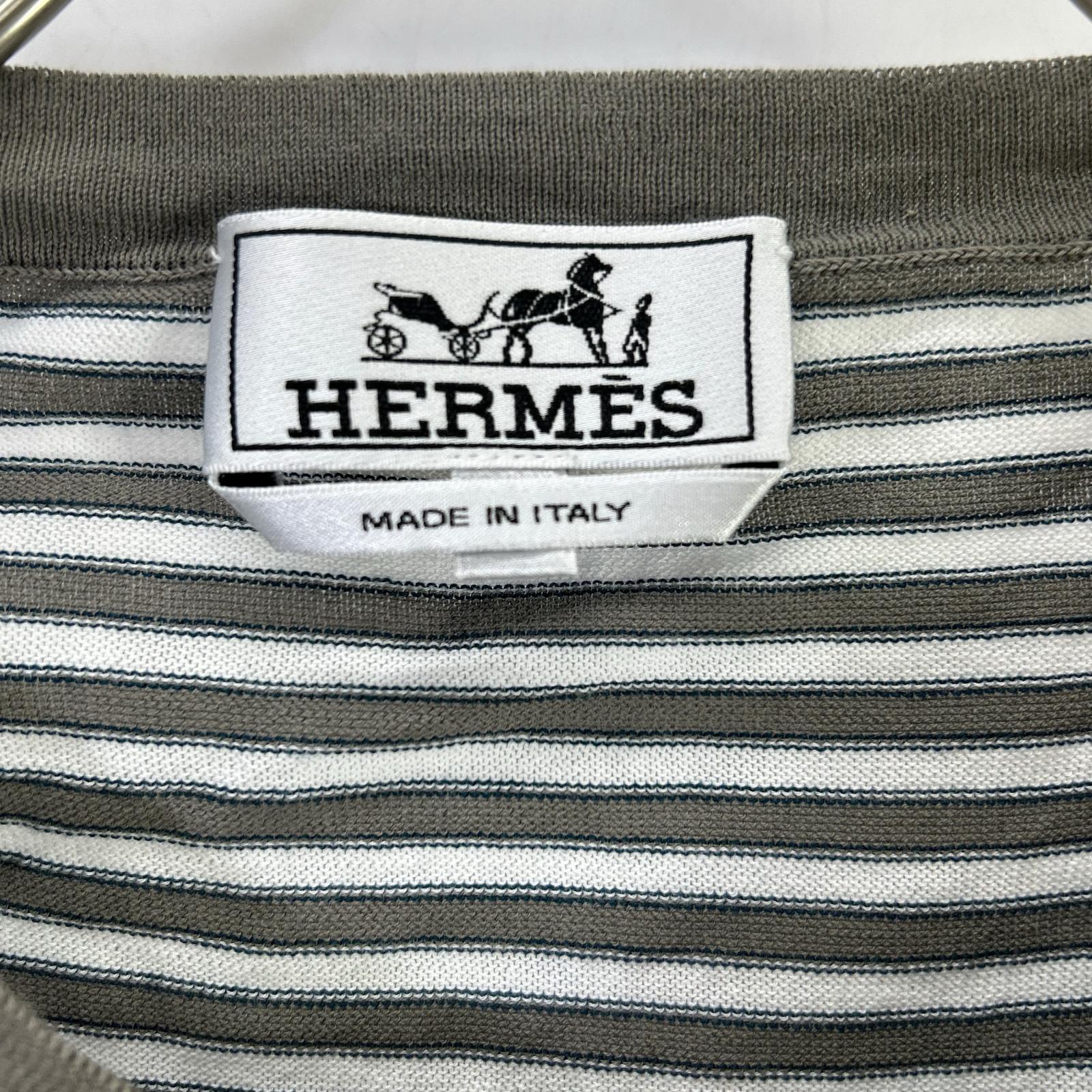 HERMES エルメス 17SS ホワイト×グレー ボーダーコットン半袖ニット トップス