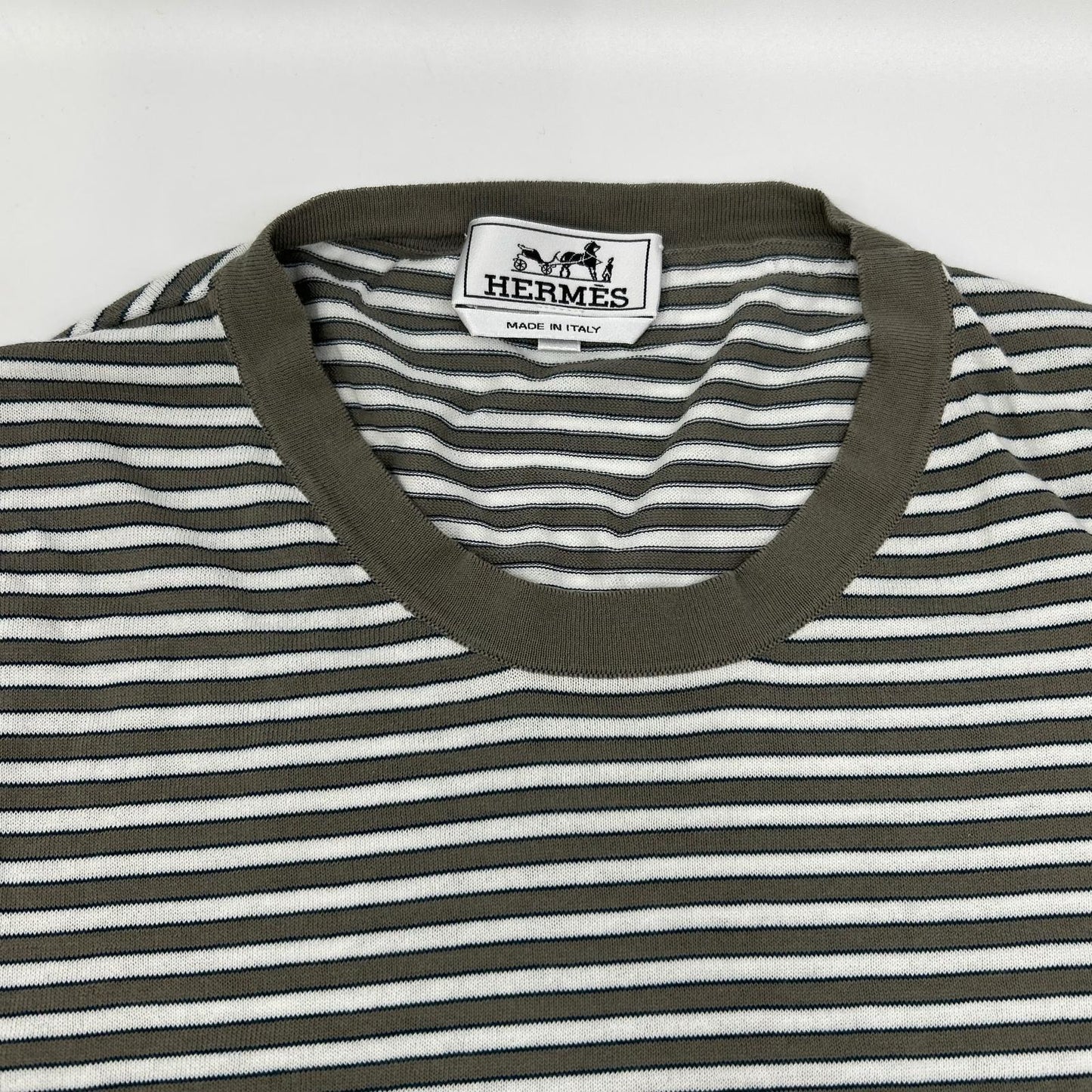 HERMES エルメス 17SS ホワイト×グレー ボーダーコットン半袖ニット トップス