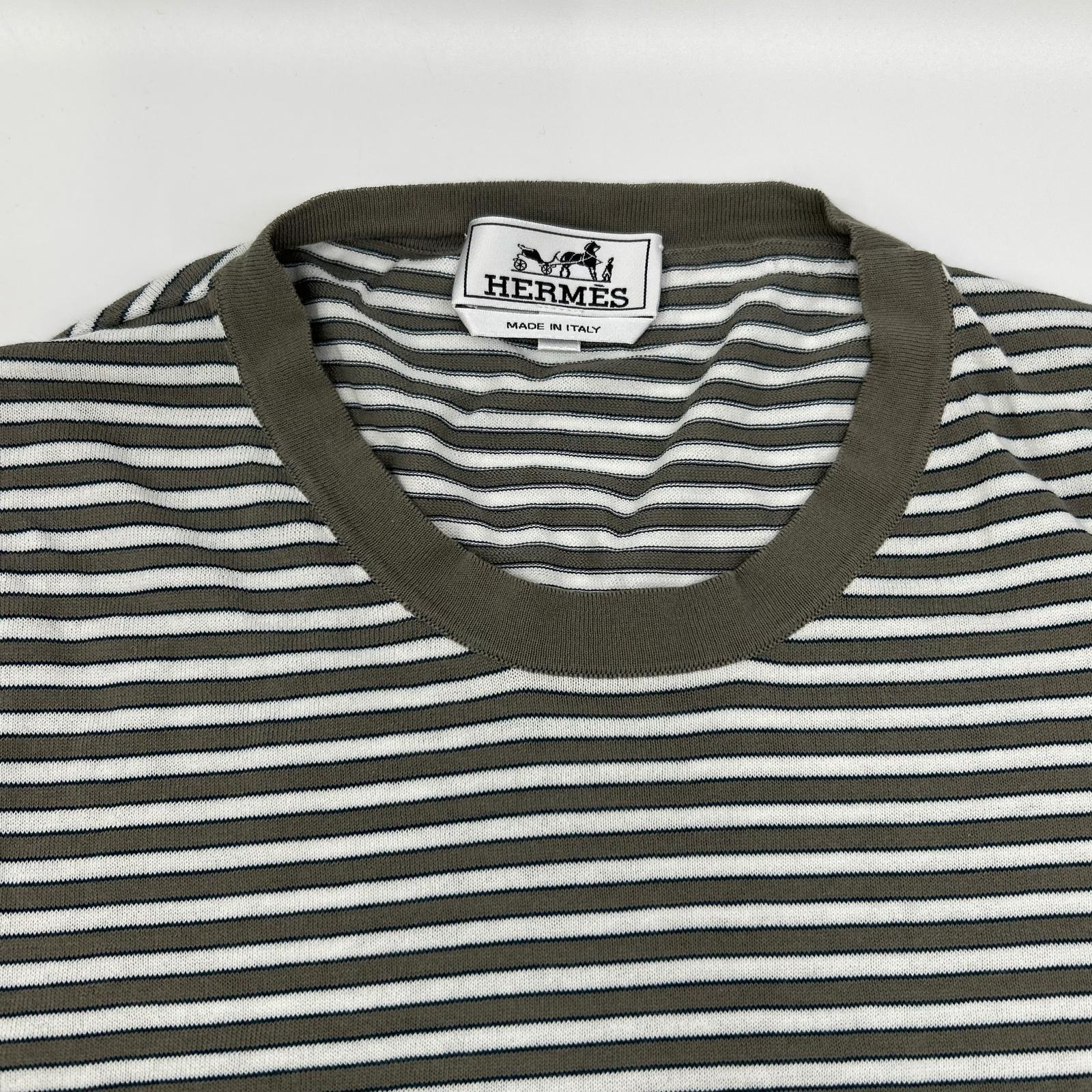 HERMES エルメス 17SS ホワイト×グレー ボーダーコットン半袖ニット トップス