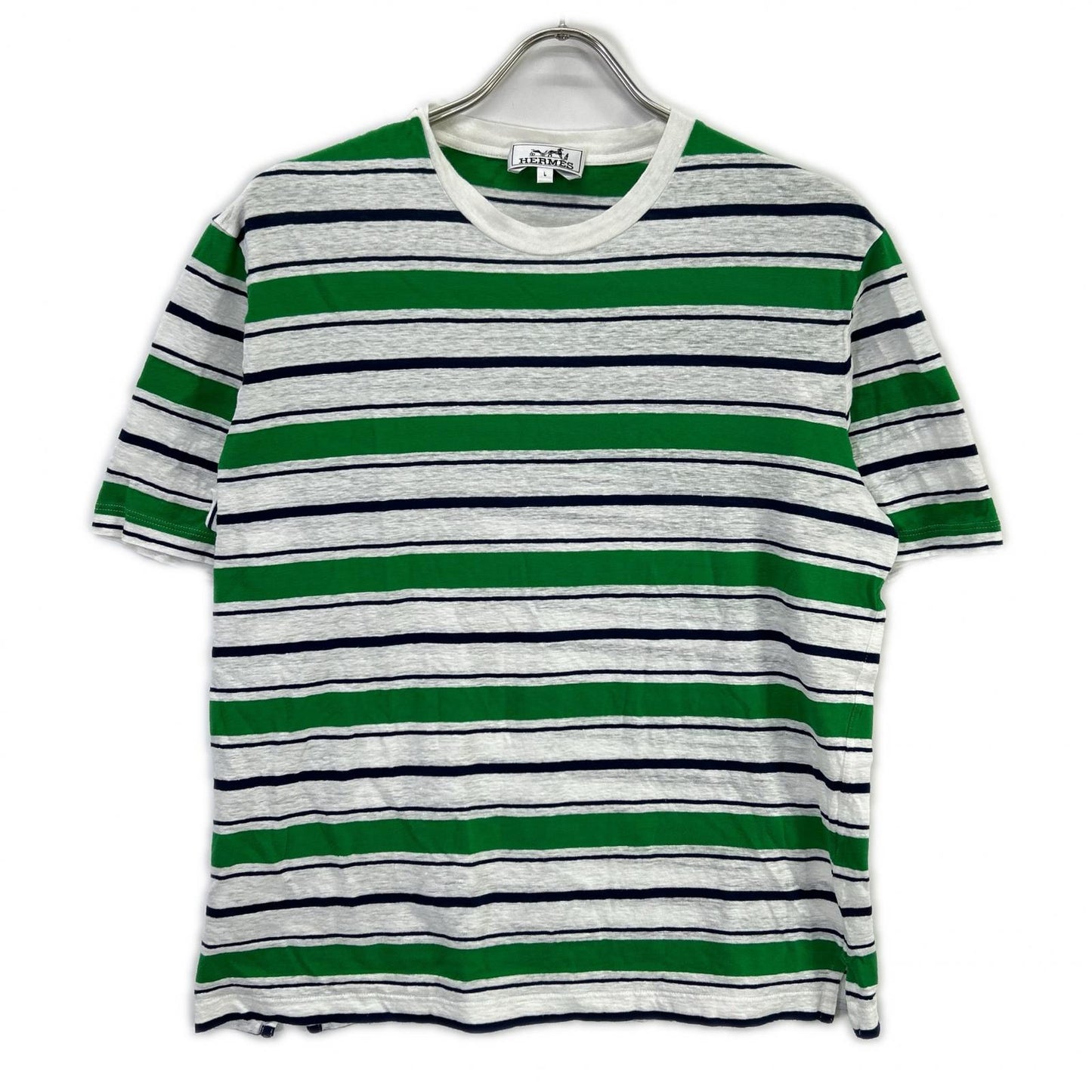 HERMES エルメス 18SS グリーン×ネイビー リネン混 ボーダーTシャツ トップス