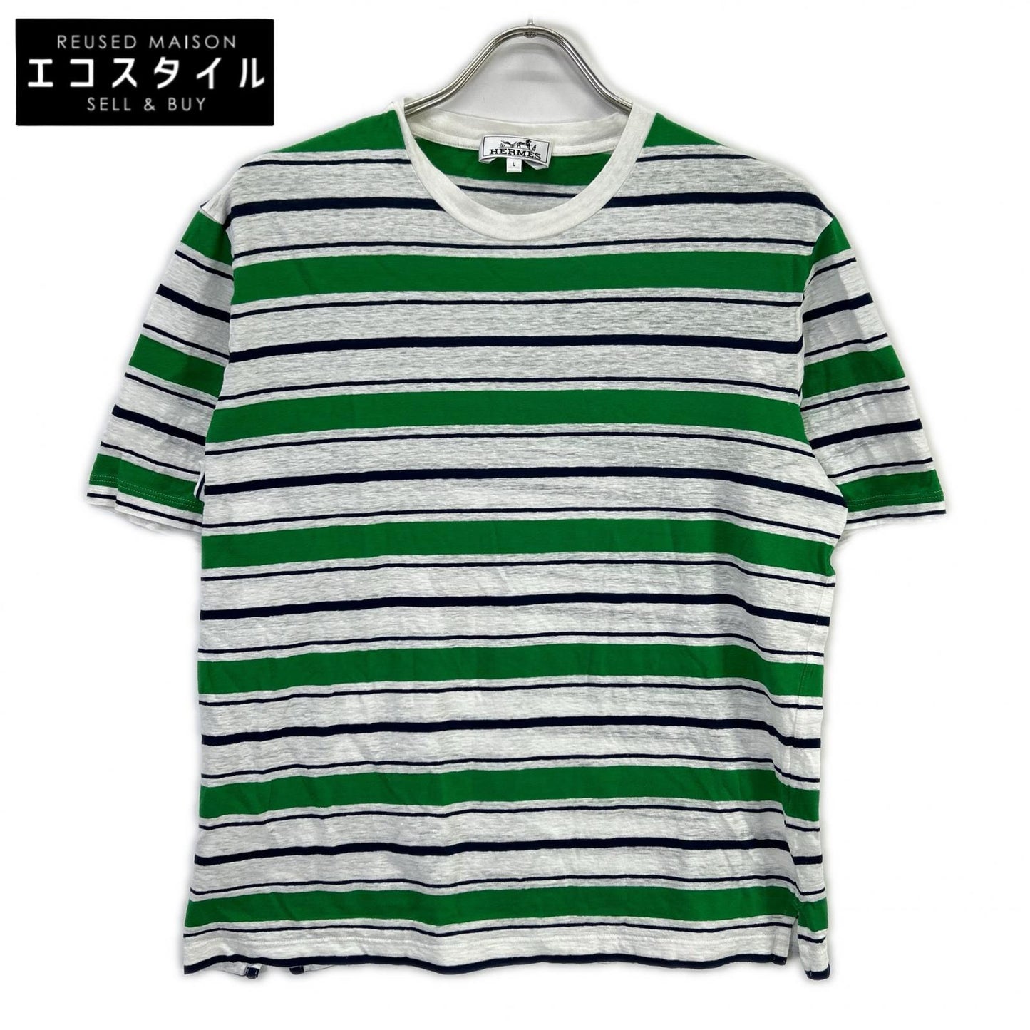 HERMES エルメス 18SS グリーン×ネイビー リネン混 ボーダーTシャツ トップス