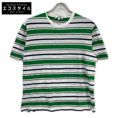 HERMES エルメス 18SS グリーン×ネイビー リネン混 ボーダーTシャツ トップス