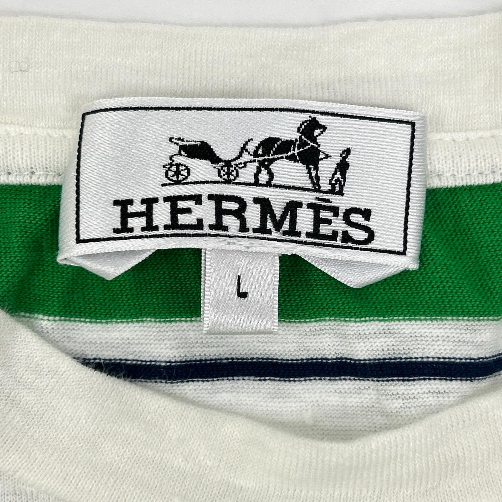 HERMES エルメス 18SS グリーン×ネイビー リネン混 ボーダーTシャツ トップス