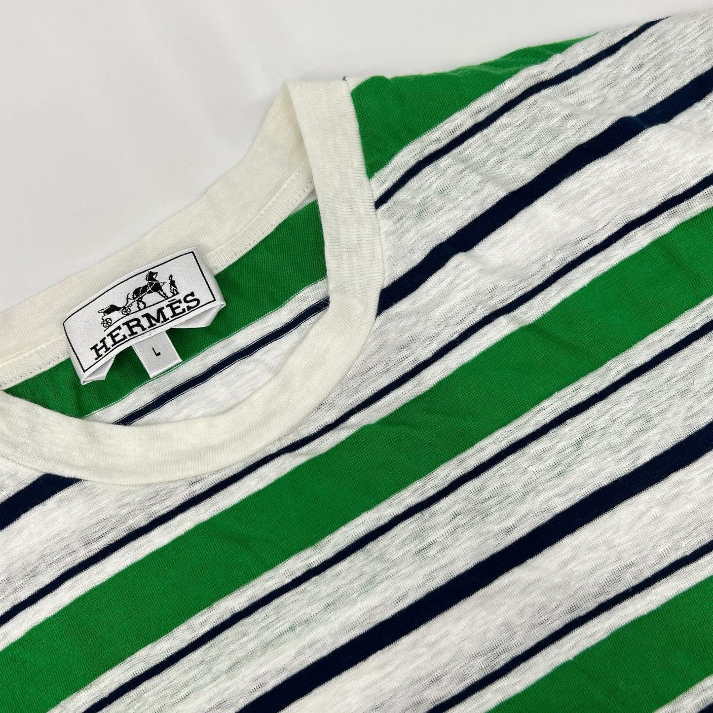 HERMES エルメス 18SS グリーン×ネイビー リネン混 ボーダーTシャツ トップス