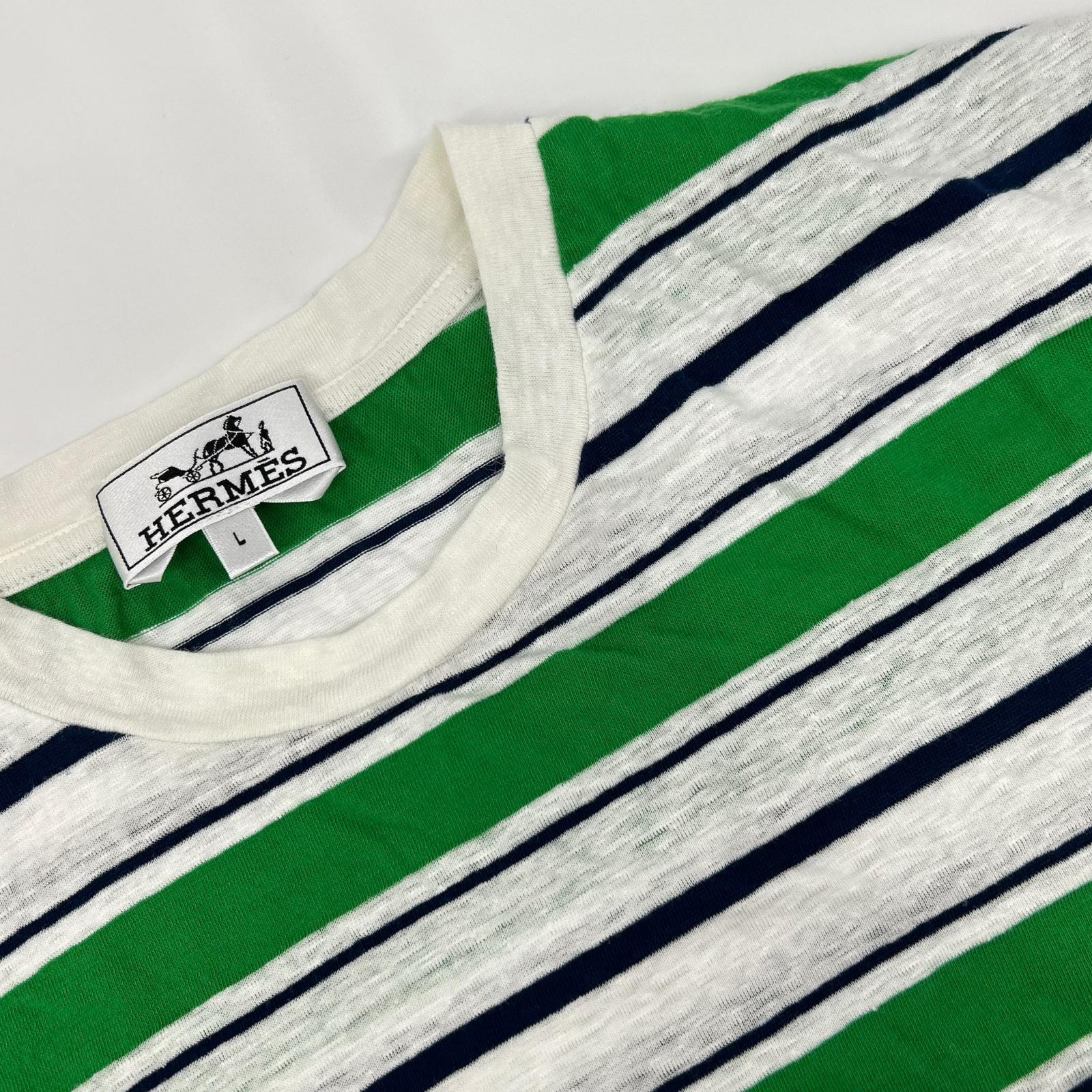 HERMES エルメス 18SS グリーン×ネイビー リネン混 ボーダーTシャツ トップス
