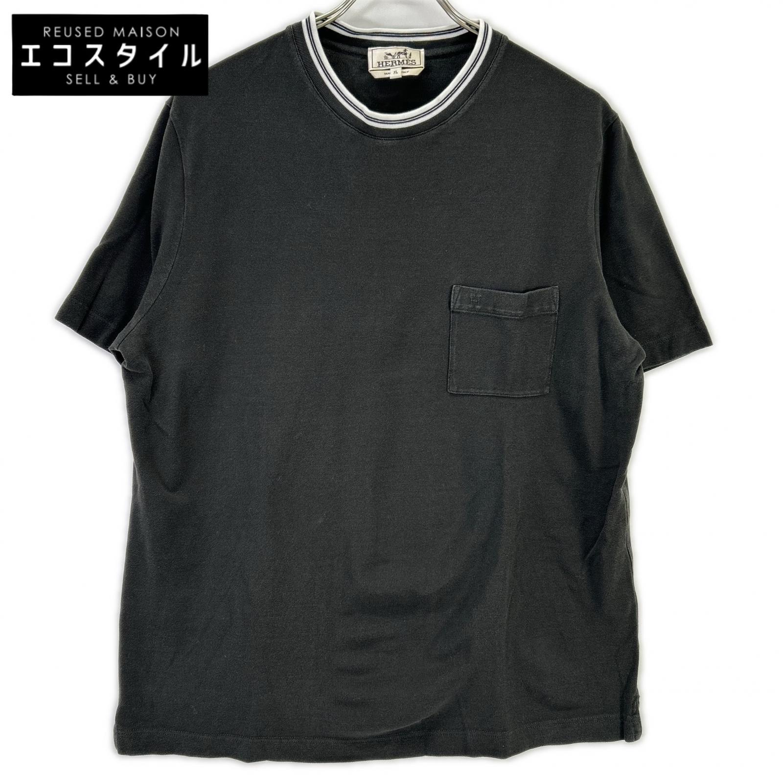 HERMES エルメス ブラック 鹿の子 H刺繍 Tシャツ トップス