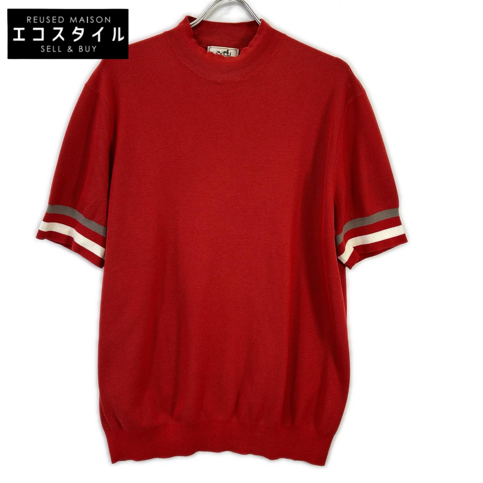 HERMES エルメス レッド コットン モックネック Tシャツ トップス