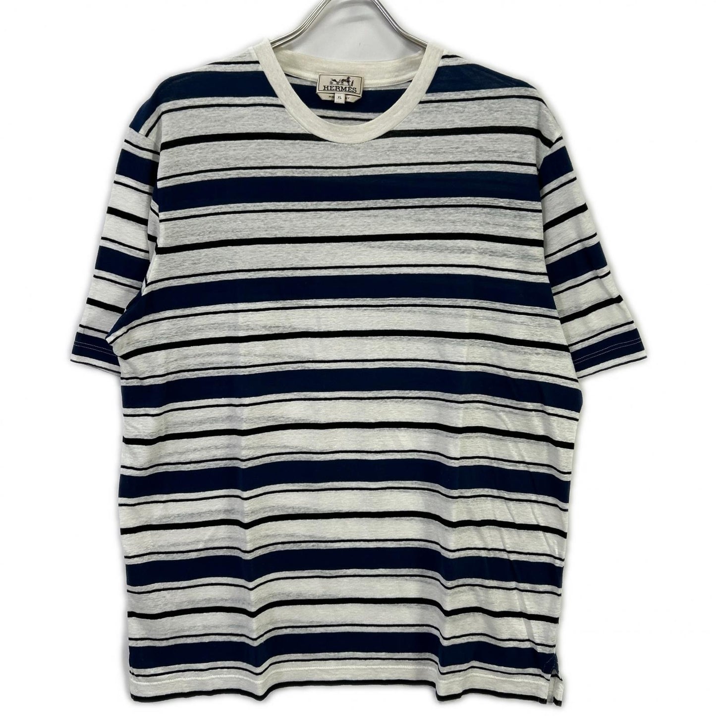 HERMES エルメス ブルー ボーダー クルーネック Tシャツ トップス