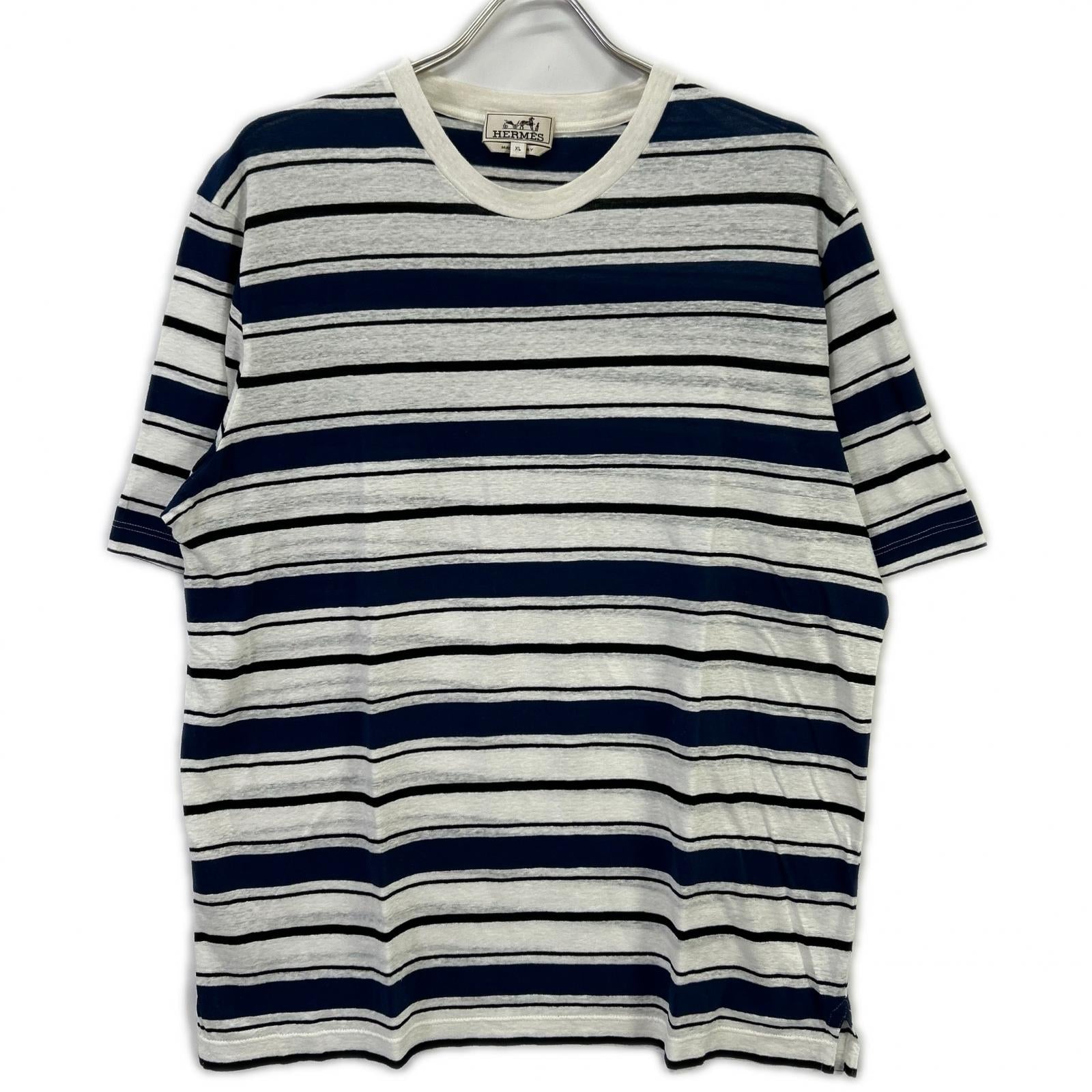 HERMES エルメス ブルー ボーダー クルーネック Tシャツ トップス
