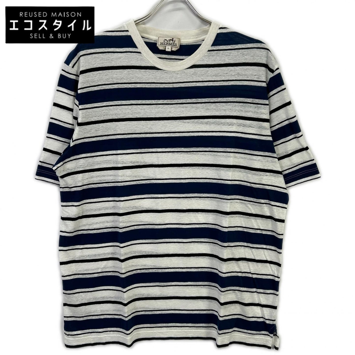 HERMES エルメス ブルー ボーダー クルーネック Tシャツ トップス