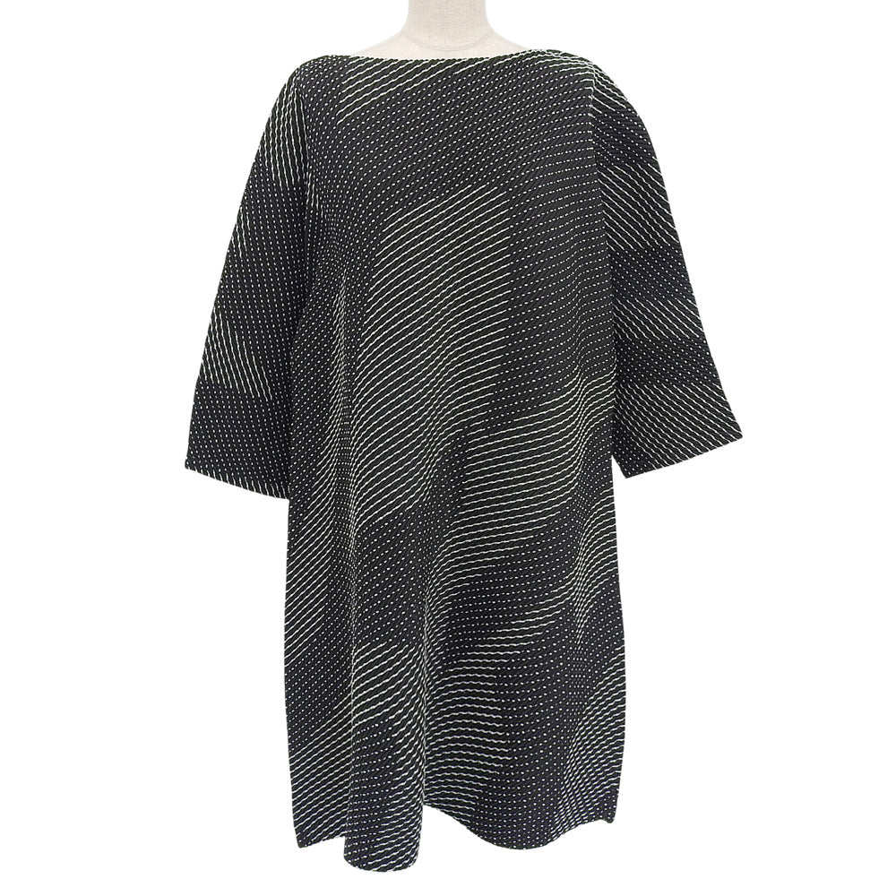 ISSEY MIYAKE イッセイミヤケ 美品 ウール混 総柄 ステッチ プリーツ ワンピース レディース ブラック 2 IM03FT127 ワンピース 2