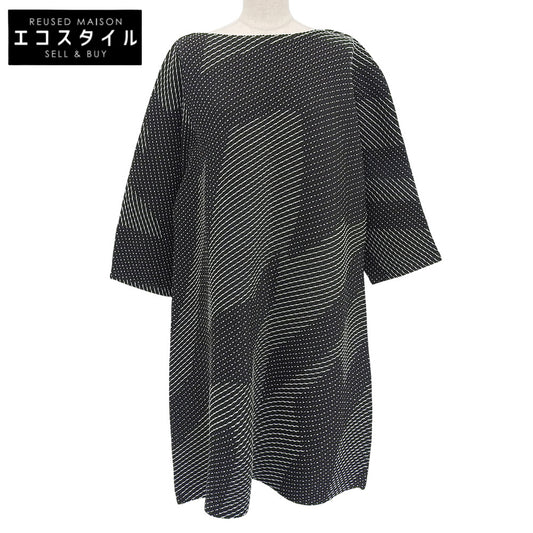 ISSEY MIYAKE イッセイミヤケ 美品 ウール混 総柄 ステッチ プリーツ ワンピース レディース ブラック 2 IM03FT127 ワンピース 2
