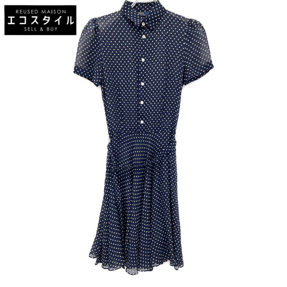 POLO RALPH LAUREN 211591110001 Navy Dot 100% Silk Short Sleeve Dress Dress 2 Ladies