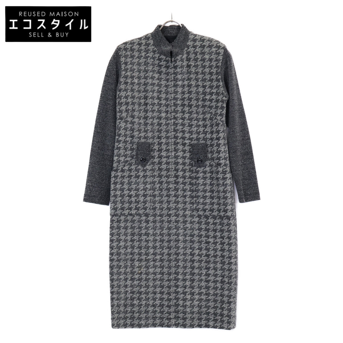Grey P09301 Silk Wool Houndstooth Jacquard Knit One-Piece Dress 7 (Women's)
