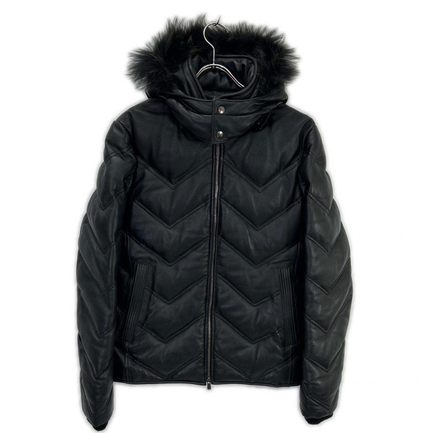 Black Lamb Leather Hooded Down Jacket 48 Men's