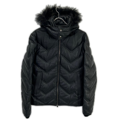 Black Lamb Leather Hooded Down Jacket 48 Men's