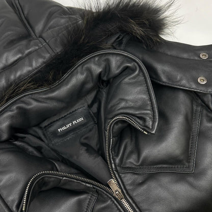 Black Lamb Leather Hooded Down Jacket 48 Men's