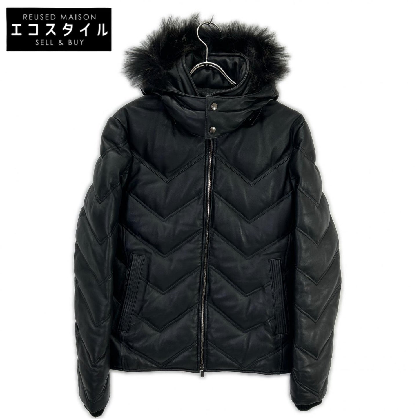 Black Lamb Leather Hooded Down Jacket 48 Men's