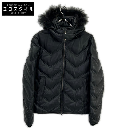 Black Lamb Leather Hooded Down Jacket 48 Men's
