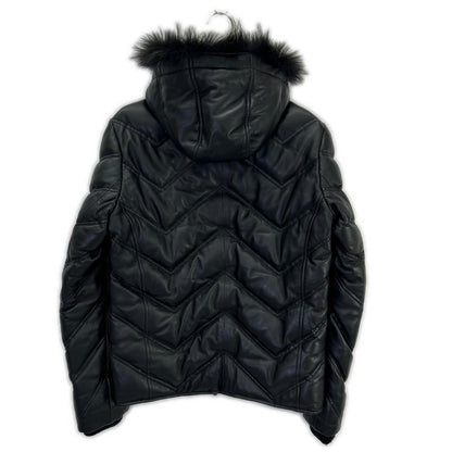 Black Lamb Leather Hooded Down Jacket 48 Men's