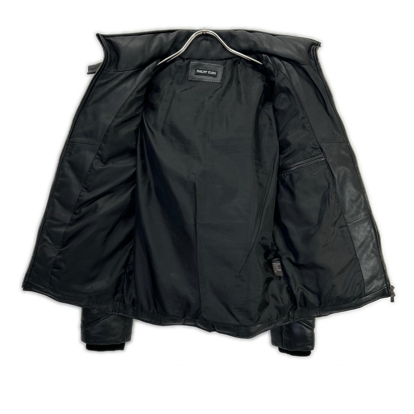 Black Lamb Leather Hooded Down Jacket 48 Men's