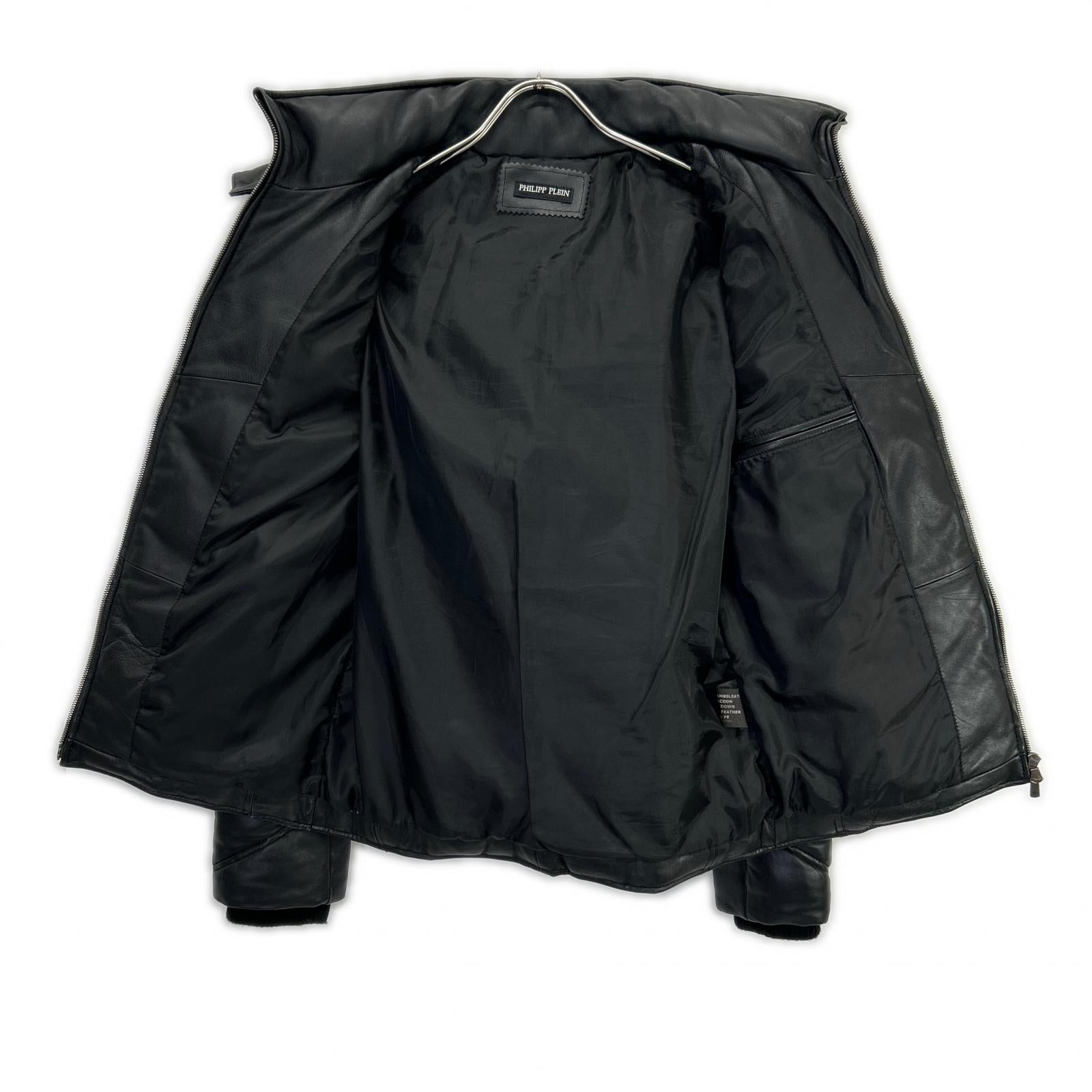 PHILIPP PLEIN フィリッププレイン ブラック ラムレザー フーディ ダウンジャケット ジャケット