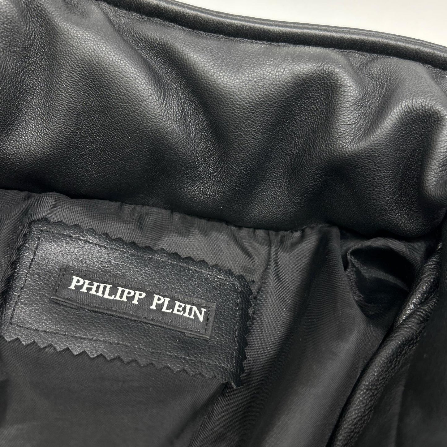 Black Lamb Leather Hooded Down Jacket 48 Men's