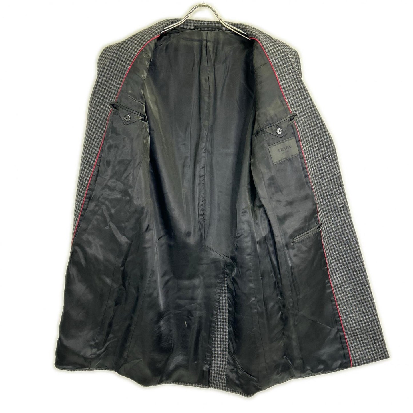 PRADA プラダ ﾌﾞﾗｯｸ UC371D 16AW ｶｼﾐﾔ混 ﾁｪｯｸ ﾁｪｽﾀｰﾌｨｰﾙﾄﾞｺｰﾄ コート 46R メンズ