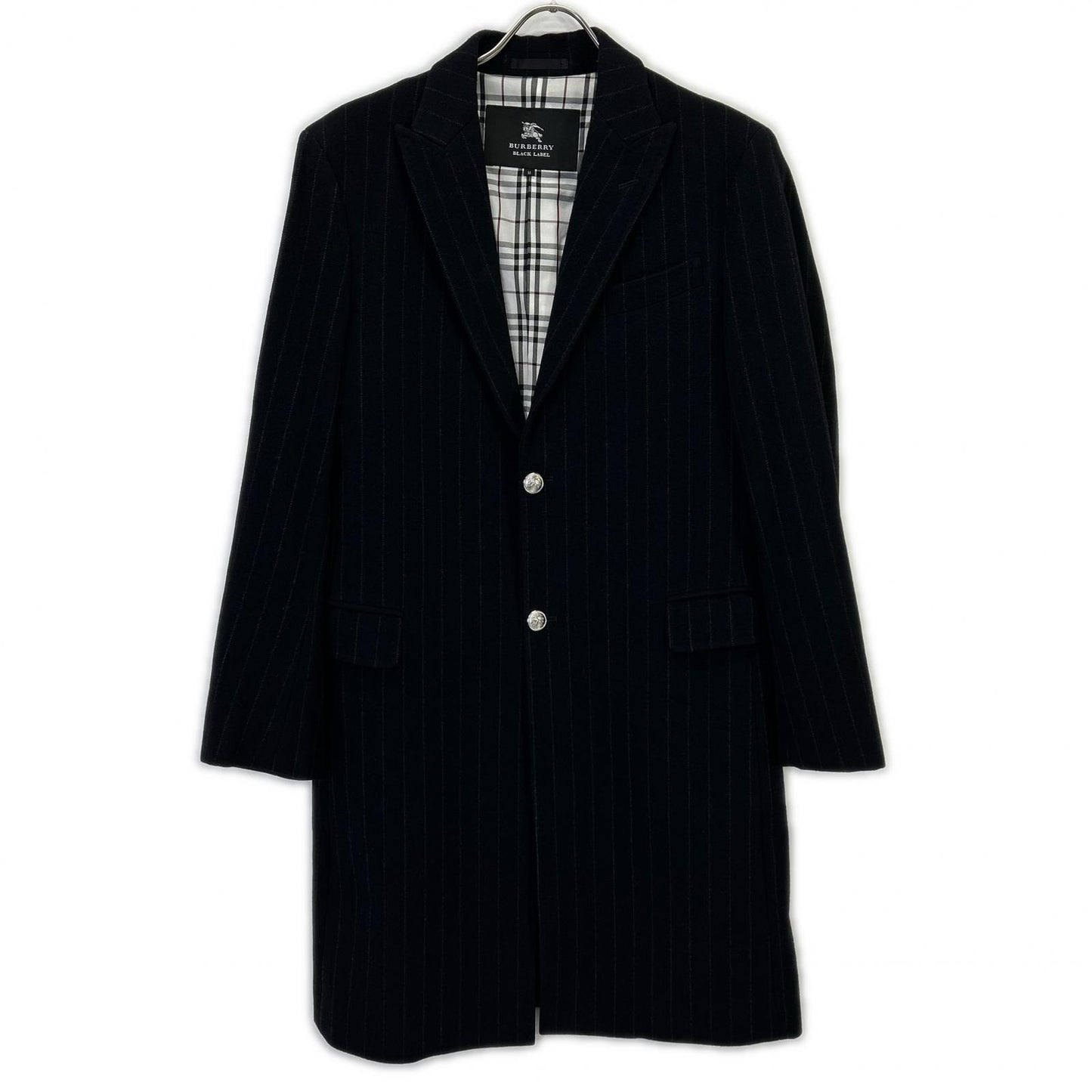 BURBERRY BLACK LABEL バーバリーブラックレーベル ﾌﾞﾗｯｸ BMC78-505-29 ｳｰﾙ ｽﾄﾗｲﾌﾟ ﾁｪｽﾀｰｺｰﾄ コート M メンズ