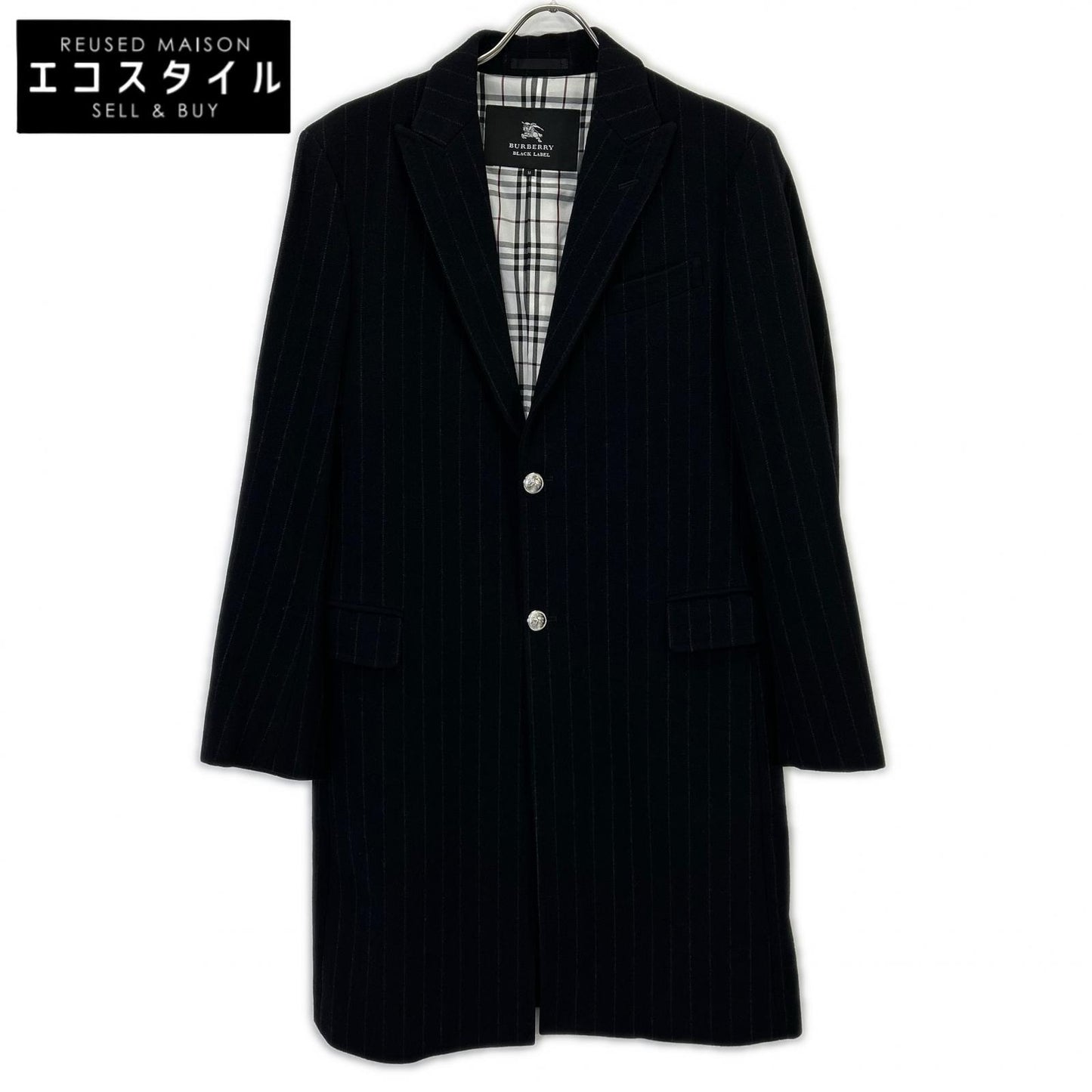 BURBERRY BLACK LABEL バーバリーブラックレーベル ﾌﾞﾗｯｸ BMC78-505-29 ｳｰﾙ ｽﾄﾗｲﾌﾟ ﾁｪｽﾀｰｺｰﾄ コート M メンズ
