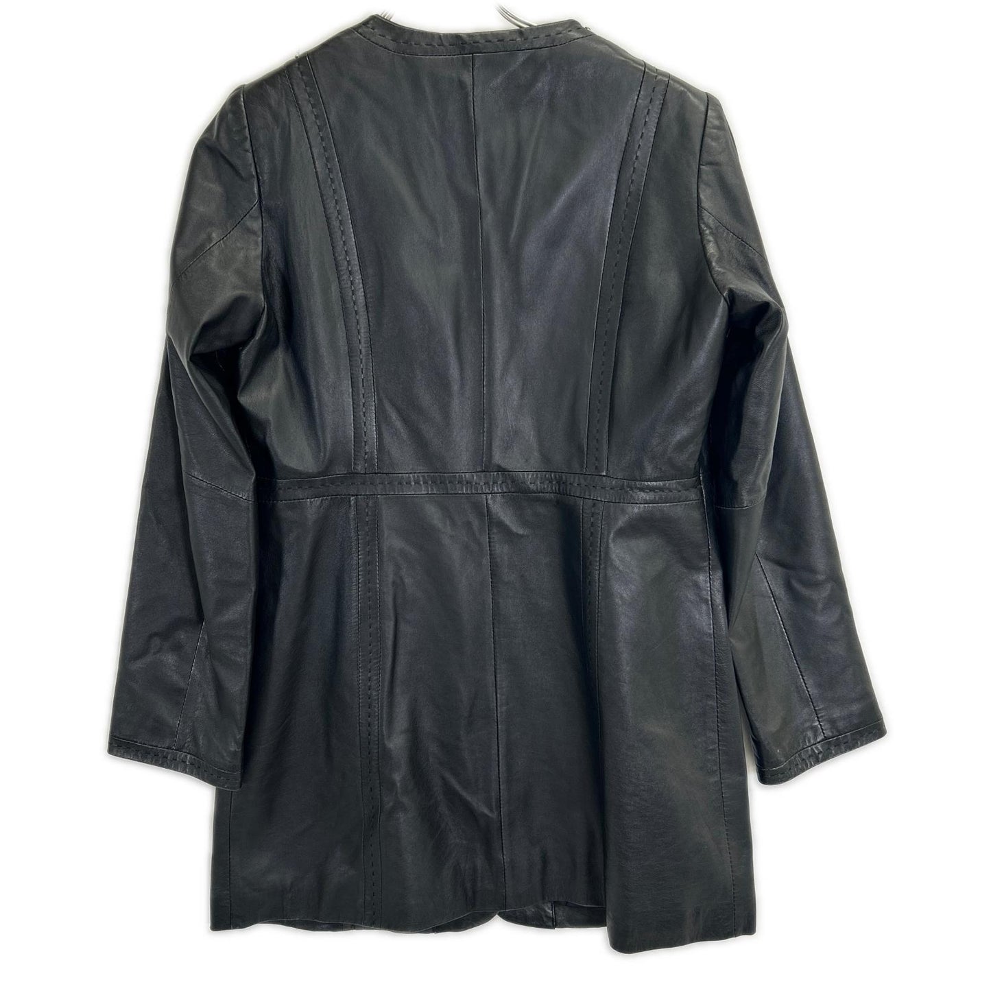 MARINA RINALDI Black Sheepskin Leather Collarless Coat Jacket