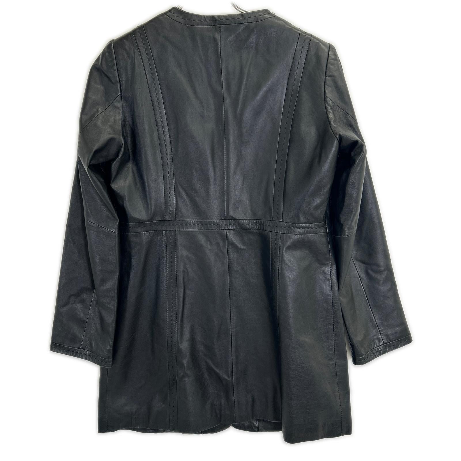 MARINA RINALDI Black Sheepskin Leather Collarless Coat Jacket