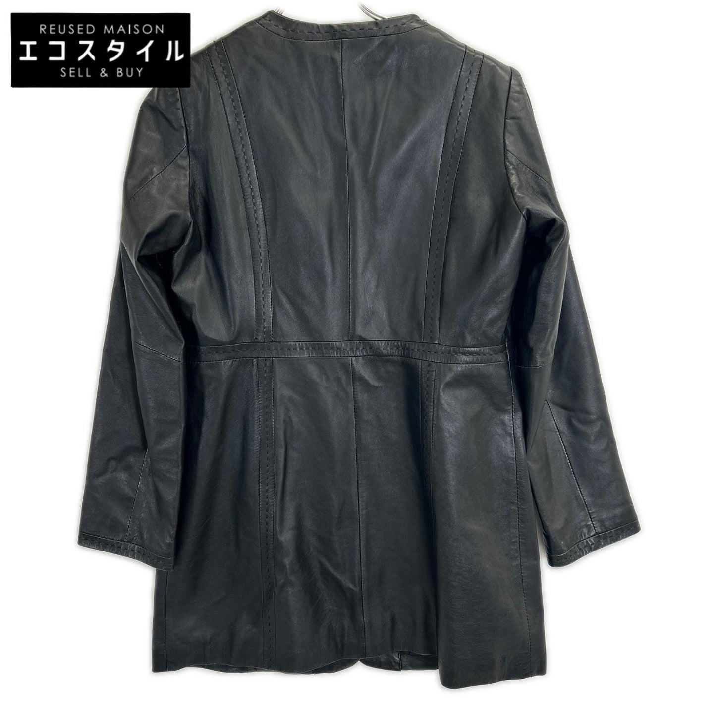 MARINA RINALDI Black Sheepskin Leather Collarless Coat Jacket