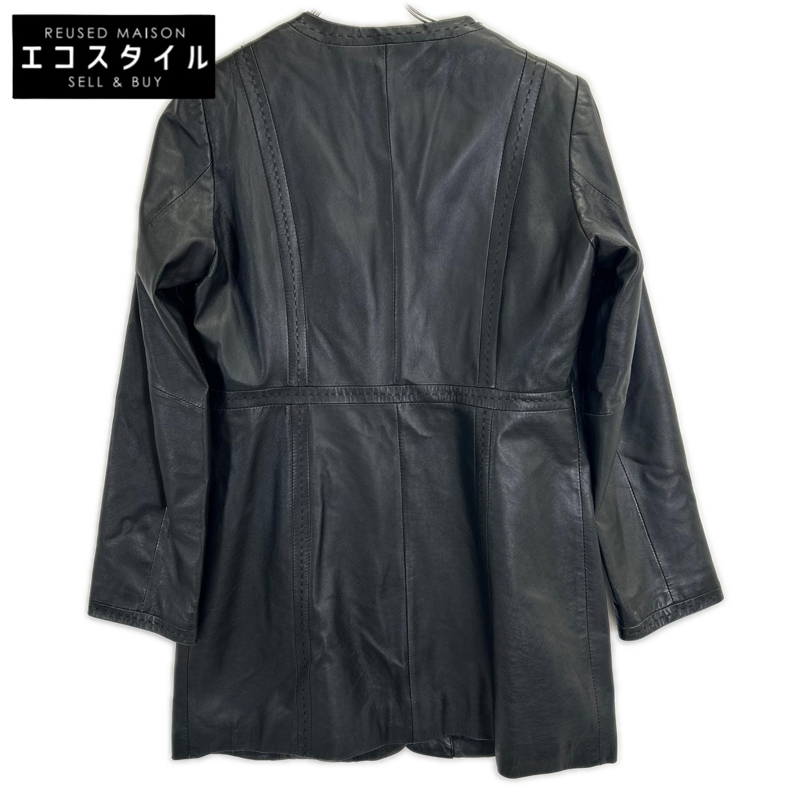 MARINA RINALDI Black Sheepskin Leather Collarless Coat Jacket