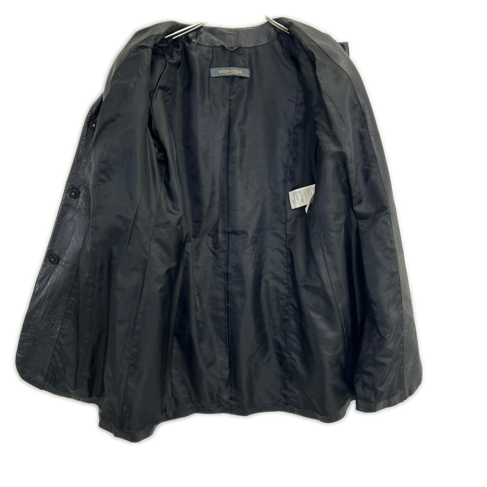 MARINA RINALDI Black Sheepskin Leather Collarless Coat Jacket