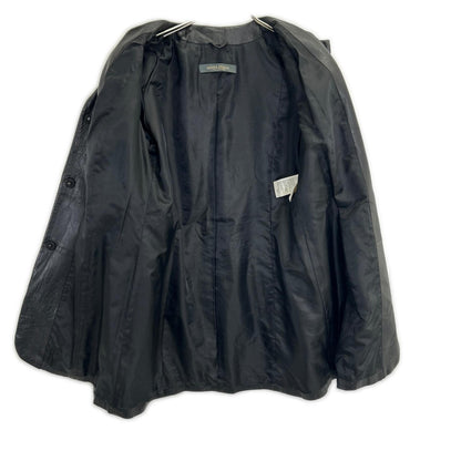 MARINA RINALDI Black Sheepskin Leather Collarless Coat Jacket