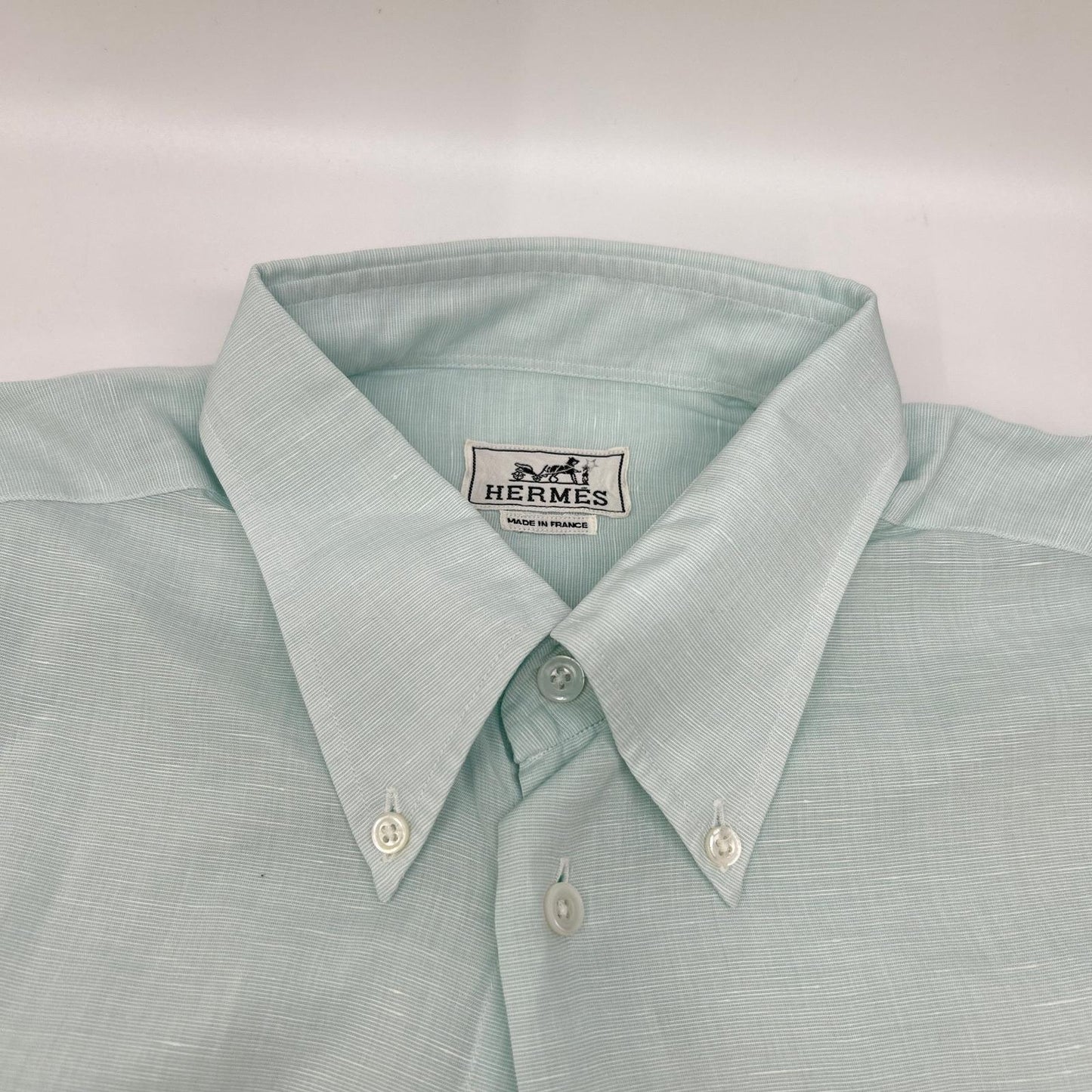 【SALE】 HERMES エルメス ボタンダウン半袖シャツ リネン混 スカイブルー トップス