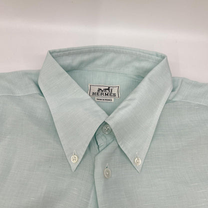 【SALE】 HERMES エルメス ボタンダウン半袖シャツ リネン混 スカイブルー トップス