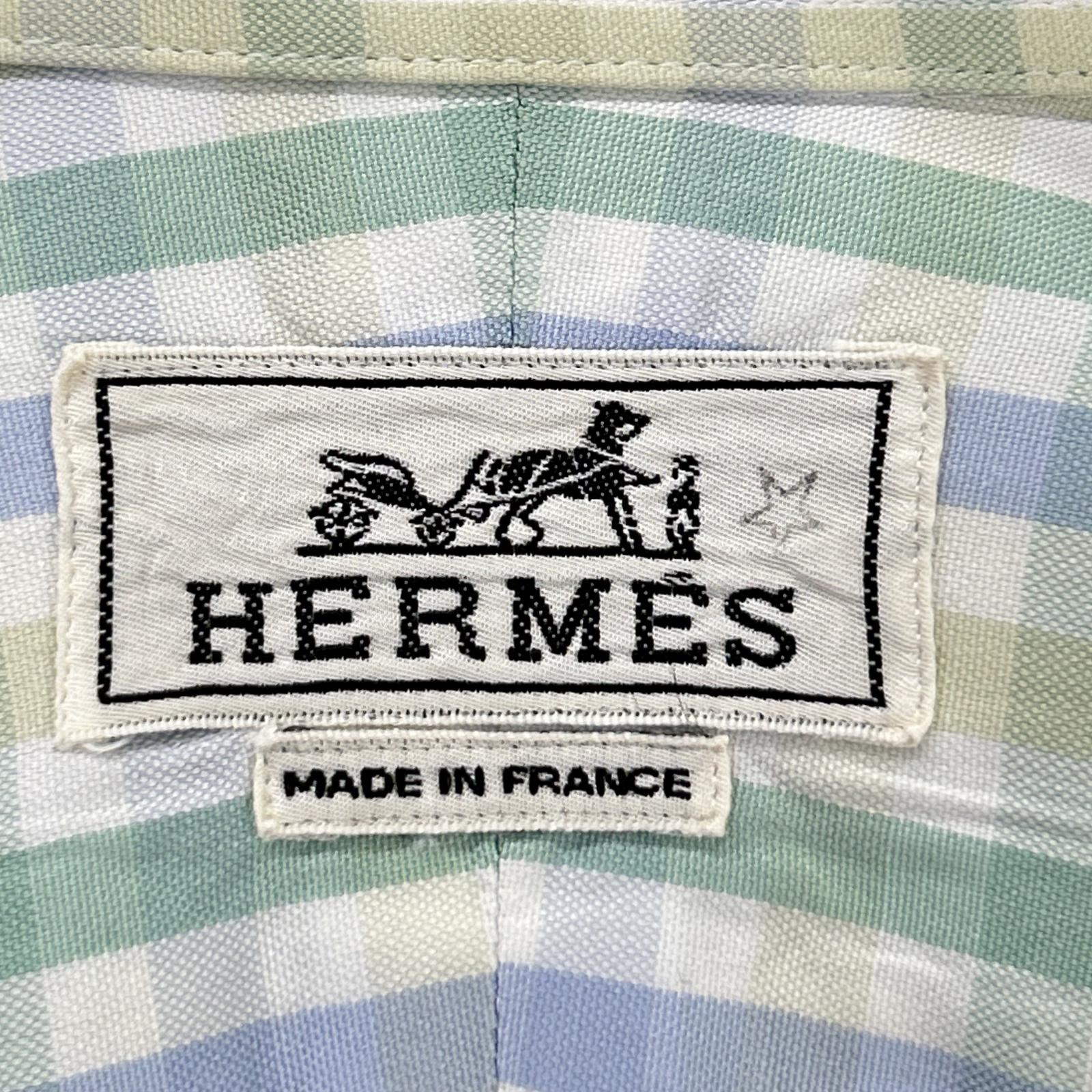 HERMES エルメス 長袖シャツ セリエボタン グリーン系 チェック トップス