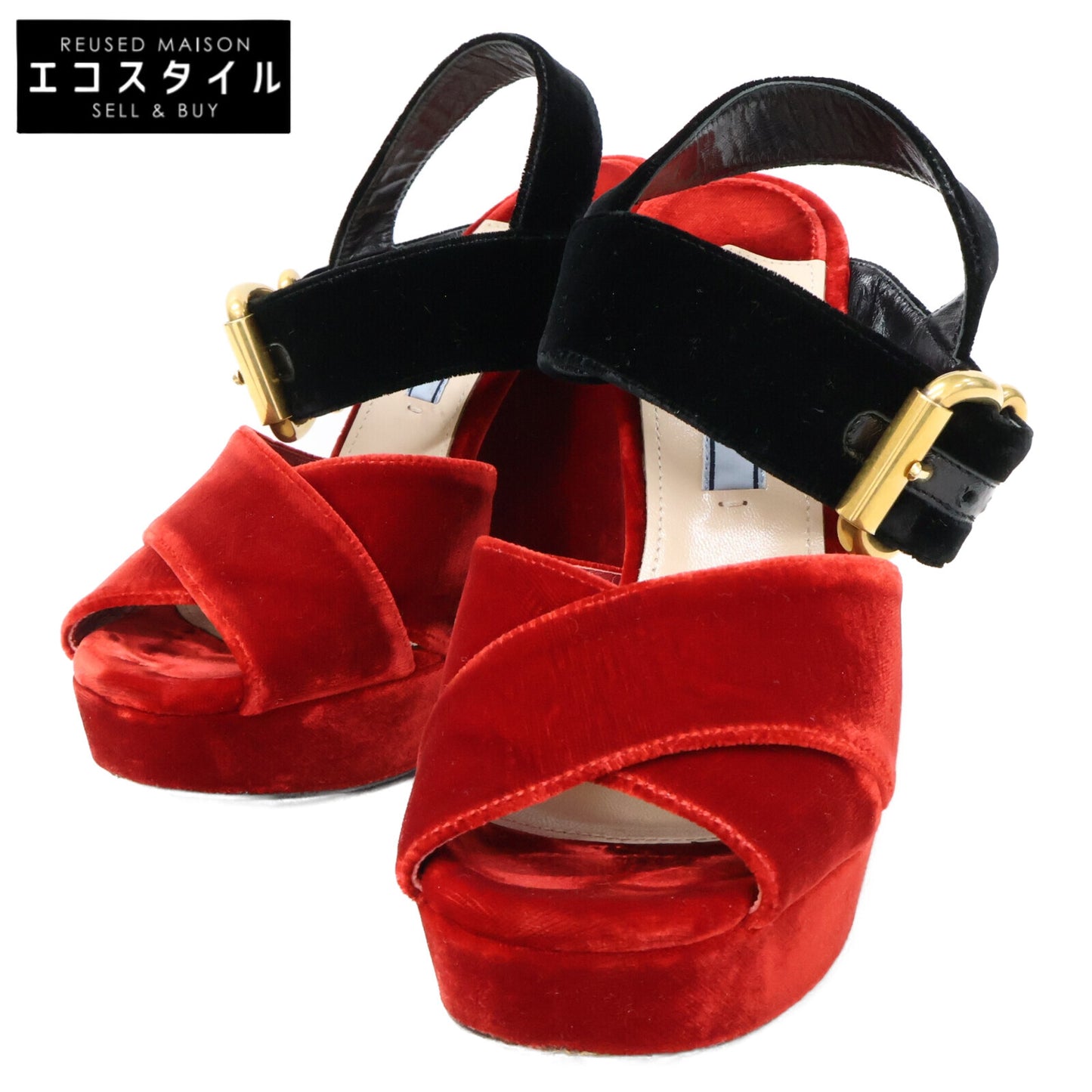 PRADA Velvet Ankle Strap Chunky Heel Sandals Shoes