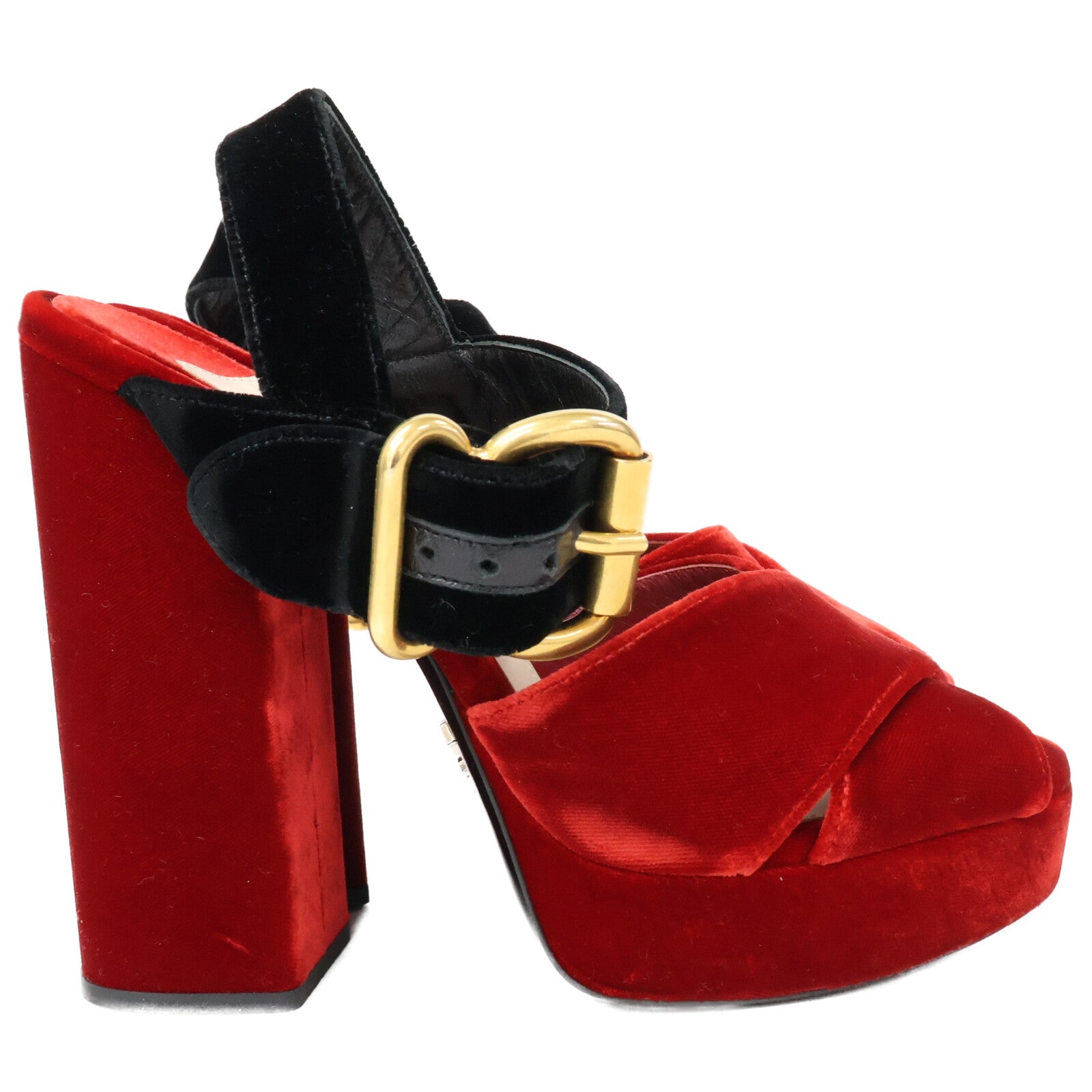 PRADA Velvet Ankle Strap Chunky Heel Sandals Shoes