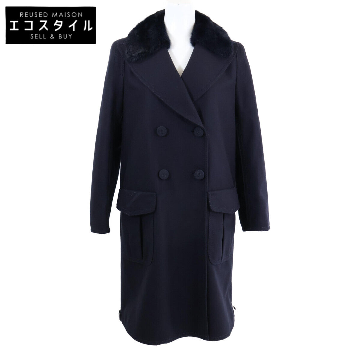 【美品】FF8570 6BZ 貂毛领 徽标纽扣 双排扣 大衣 36 女士