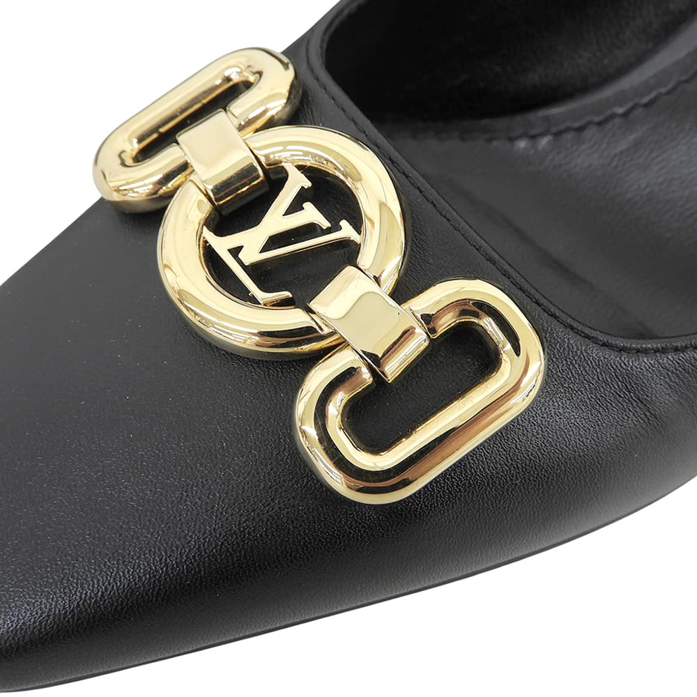 LOUIS VUITTON ルイヴィトン 美品 ロータリーライン ゴールドLV金具 スクエアトゥ ヒール パンプス シューズ レディース ブラック 35 1/2 シューズ