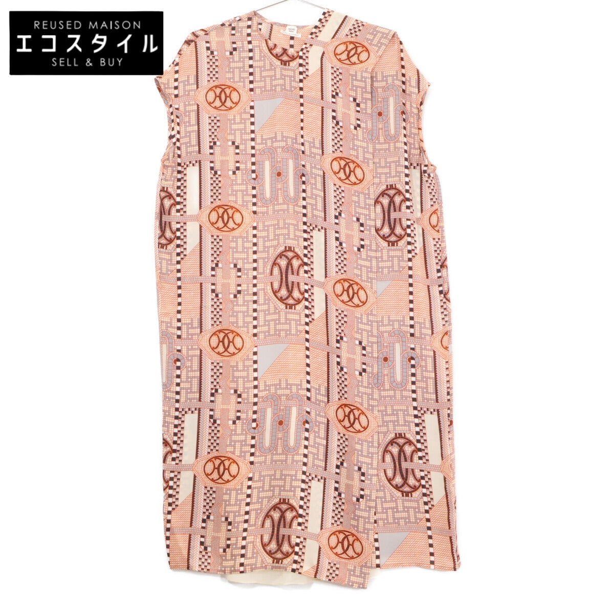 HERMES エルメス 【美品】総柄 シルク100％ ボウタイ ノースリーブ ワンピース