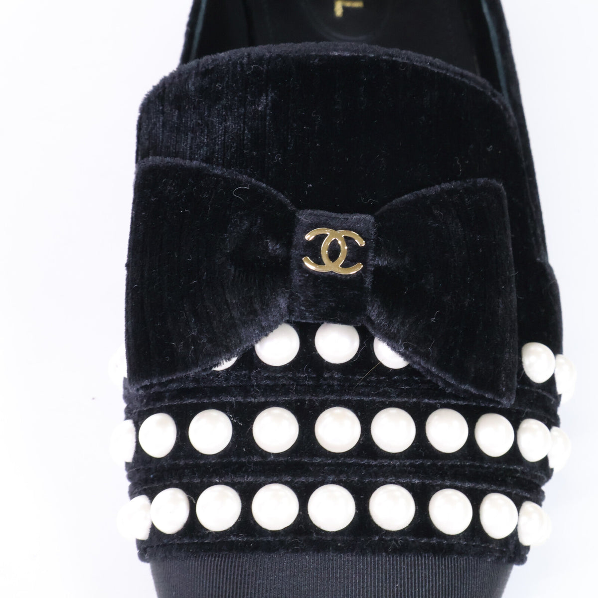 CHANEL シャネル 【美品】G34249 ココマーク イミテーションパール リボン ベルベット オペラシューズ シューズ