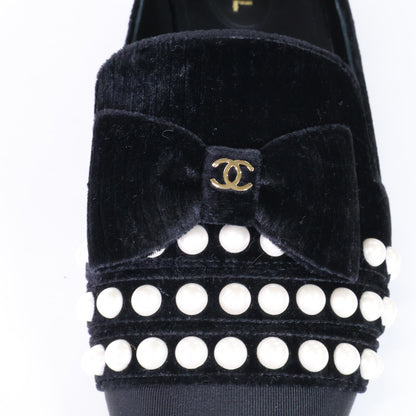 CHANEL シャネル 【美品】G34249 ココマーク イミテーションパール リボン ベルベット オペラシューズ シューズ