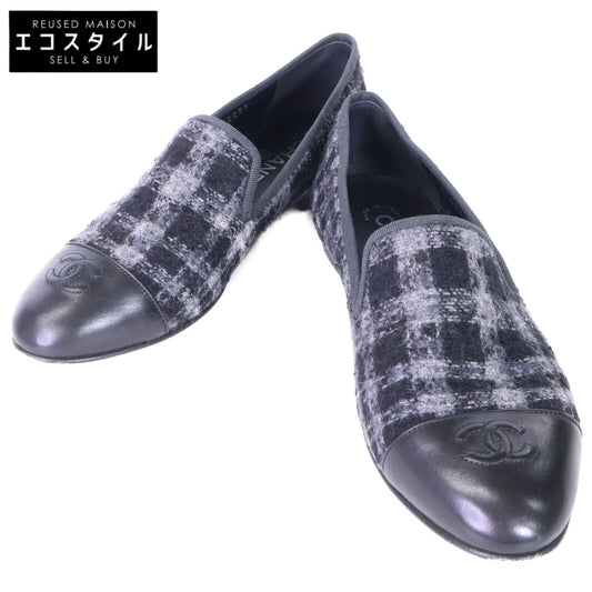CHANEL シャネル 【美品】G32275 ココマークステッチ チェック柄 ツイード オペラ シューズ シューズ